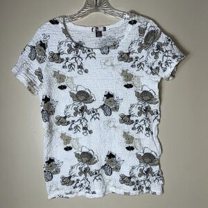 White Stag Short Sleeve Tan/Black/Floral Butterfly Top SZ M 8-10‎
